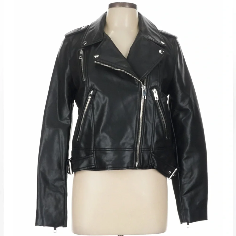 Zara Black Faux Leather Moto Jacket Biker Zip Jacket Women’s Large NWT - Picture 2 of 7